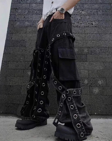 TALKLESSFASHION American street retro heavy industry design sense pleated workwear hardware decoration loose drape jeans for men and women