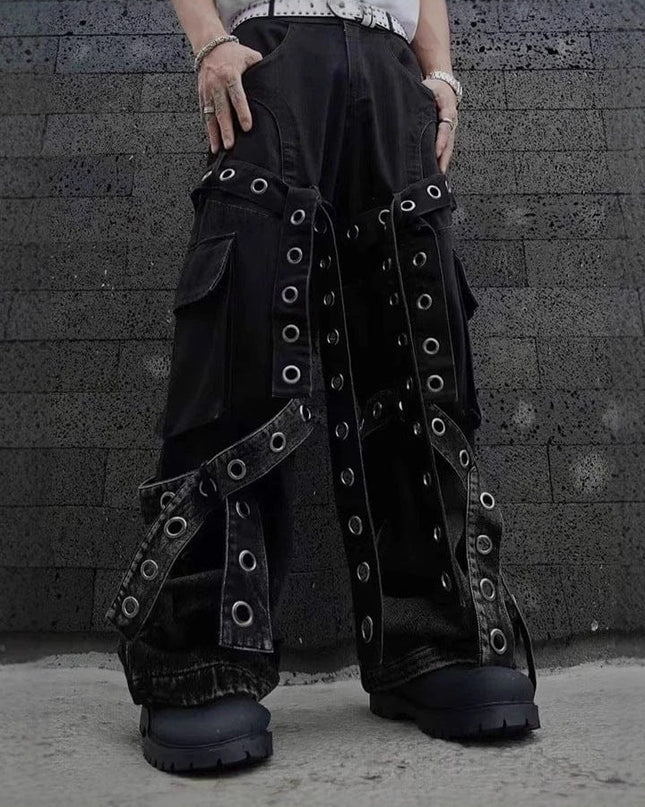 TALKLESSFASHION American street retro heavy industry design sense pleated workwear hardware decoration loose drape jeans for men and women