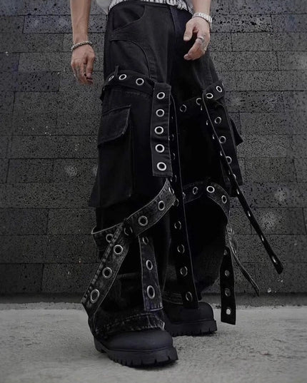 TALKLESSFASHION American street retro heavy industry design sense pleated workwear hardware decoration loose drape jeans for men and women