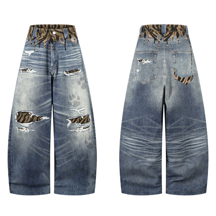 TALKLESSFASHION American style distressed hole men's and women's tiger stripe splicing design drape loose trendy brand retro street wide-leg pants denim
