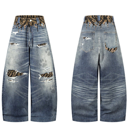 THETLSTUDIO American style distressed hole men's and women's tiger stripe splicing design drape loose trendy brand retro street wide-leg pants denim