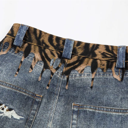 TALKLESSFASHION American style distressed hole men's and women's tiger stripe splicing design drape loose trendy brand retro street wide-leg pants denim