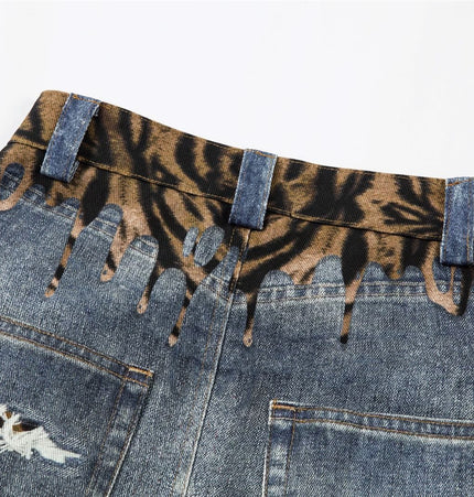 THETLSTUDIO American style distressed hole men's and women's tiger stripe splicing design drape loose trendy brand retro street wide-leg pants denim