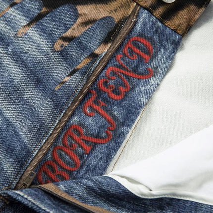 TALKLESSFASHION American style distressed hole men's and women's tiger stripe splicing design drape loose trendy brand retro street wide-leg pants denim