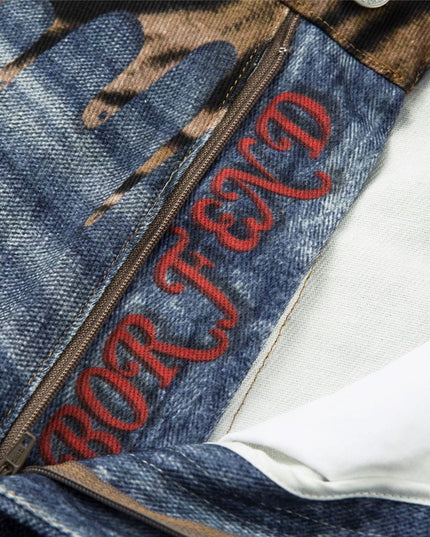 TALKLESSFASHION American style distressed hole men's and women's tiger stripe splicing design drape loose trendy brand retro street wide-leg pants denim