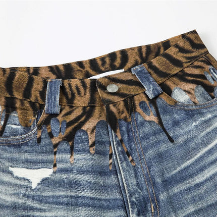 TALKLESSFASHION American style distressed hole men's and women's tiger stripe splicing design drape loose trendy brand retro street wide-leg pants denim