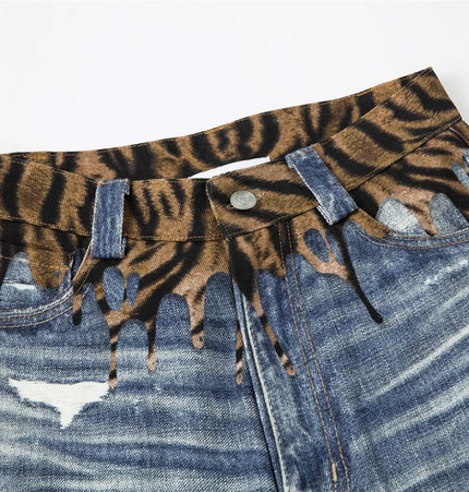 THETLSTUDIO American style distressed hole men's and women's tiger stripe splicing design drape loose trendy brand retro street wide-leg pants denim