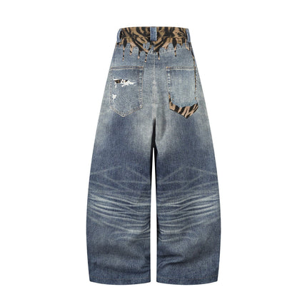 TALKLESSFASHION American style distressed hole men's and women's tiger stripe splicing design drape loose trendy brand retro street wide-leg pants denim