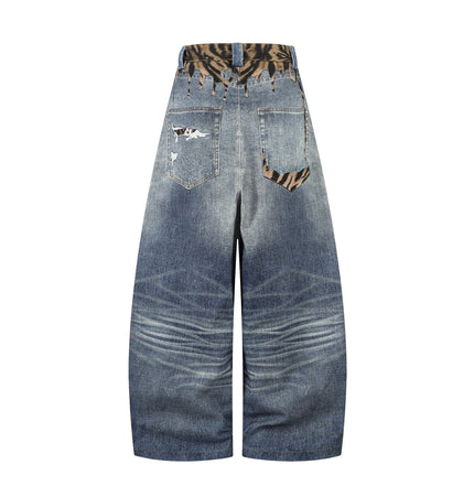 THETLSTUDIO American style distressed hole men's and women's tiger stripe splicing design drape loose trendy brand retro street wide-leg pants denim