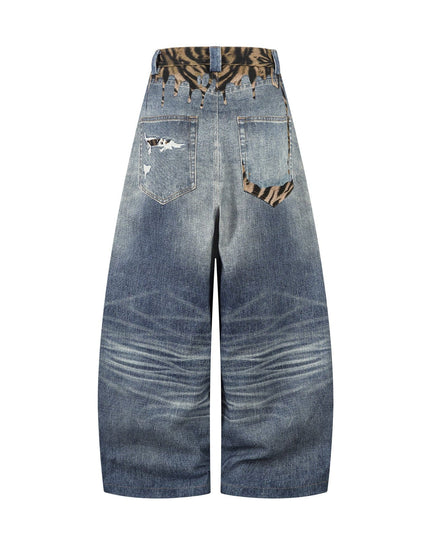 TALKLESSFASHION American style distressed hole men's and women's tiger stripe splicing design drape loose trendy brand retro street wide-leg pants denim