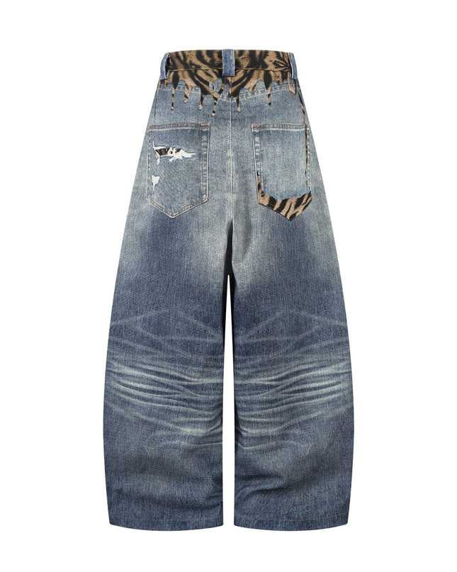 TALKLESSFASHION American style distressed hole men's and women's tiger stripe splicing design drape loose trendy brand retro street wide-leg pants denim