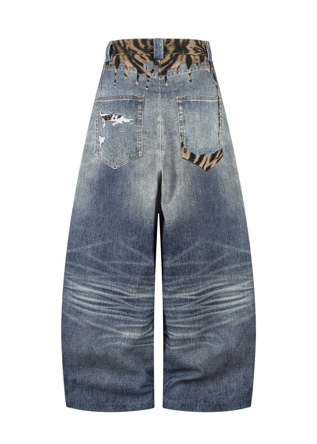 TALKLESSFASHION American style distressed hole men's and women's tiger stripe splicing design drape loose trendy brand retro street wide-leg pants denim