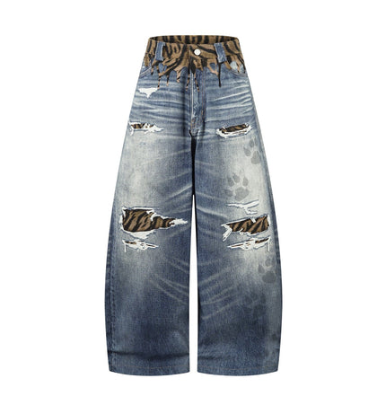 THETLSTUDIO American style distressed hole men's and women's tiger stripe splicing design drape loose trendy brand retro street wide-leg pants denim