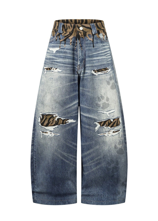 TALKLESSFASHION American style distressed hole men's and women's tiger stripe splicing design drape loose trendy brand retro street wide-leg pants denim