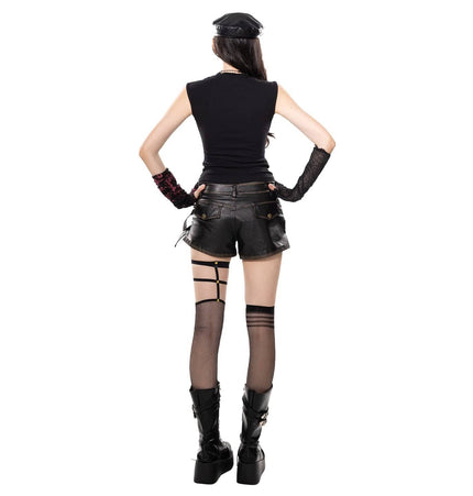 TALKLESSFASHION American sweet and cool metal snap-on double-layer leather shorts 2025 pre-fall new slim asymmetrical old culottes women's clothing