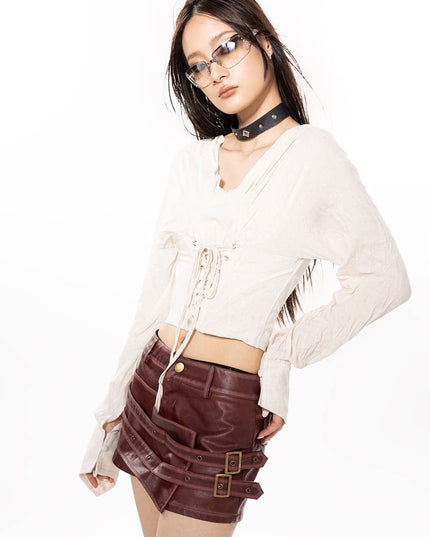 TALKLESSFASHION American sweet and cool metal snap-on double-layer leather shorts 2025 pre-fall new slim asymmetrical old culottes women's clothing