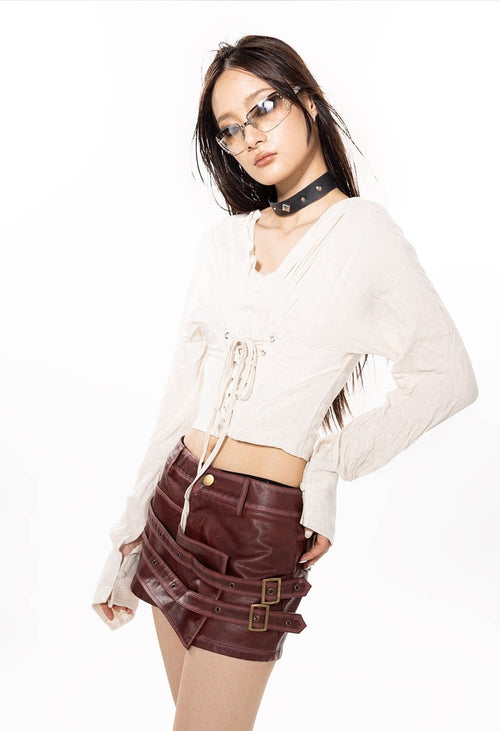 THETLSTUDIO American sweet and cool metal snap-on double-layer leather shorts 2025 pre-fall new slim asymmetrical old culottes women's clothing