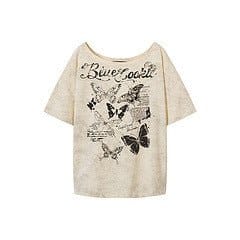 THETLSTUDIO American Sweet Cool Butterfly Off-the-Shoulder Short Sleeve T-Shirt Women's 2025 Summer Lazy Style Hot Girl Loose Casual Slanted Shoulder Top
