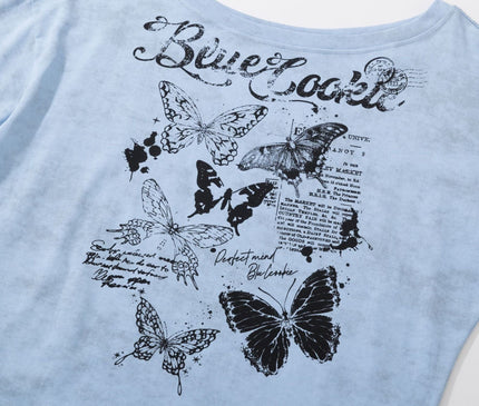 TALKLESSFASHION American Sweet Cool Butterfly Off-the-Shoulder Short Sleeve T-Shirt Women's 2025 Summer Lazy Style Hot Girl Loose Casual Slanted Shoulder Top