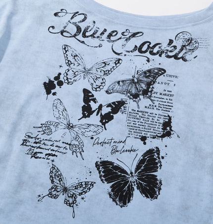 THETLSTUDIO American Sweet Cool Butterfly Off-the-Shoulder Short Sleeve T-Shirt Women's 2025 Summer Lazy Style Hot Girl Loose Casual Slanted Shoulder Top