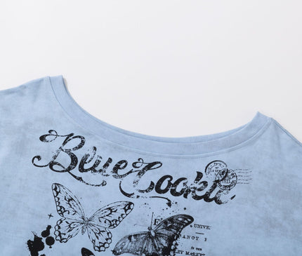 TALKLESSFASHION American Sweet Cool Butterfly Off-the-Shoulder Short Sleeve T-Shirt Women's 2025 Summer Lazy Style Hot Girl Loose Casual Slanted Shoulder Top