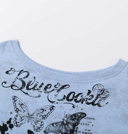 THETLSTUDIO American Sweet Cool Butterfly Off-the-Shoulder Short Sleeve T-Shirt Women's 2025 Summer Lazy Style Hot Girl Loose Casual Slanted Shoulder Top