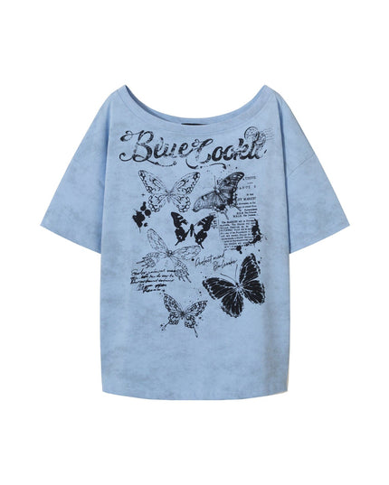 TALKLESSFASHION American Sweet Cool Butterfly Off-the-Shoulder Short Sleeve T-Shirt Women's 2025 Summer Lazy Style Hot Girl Loose Casual Slanted Shoulder Top