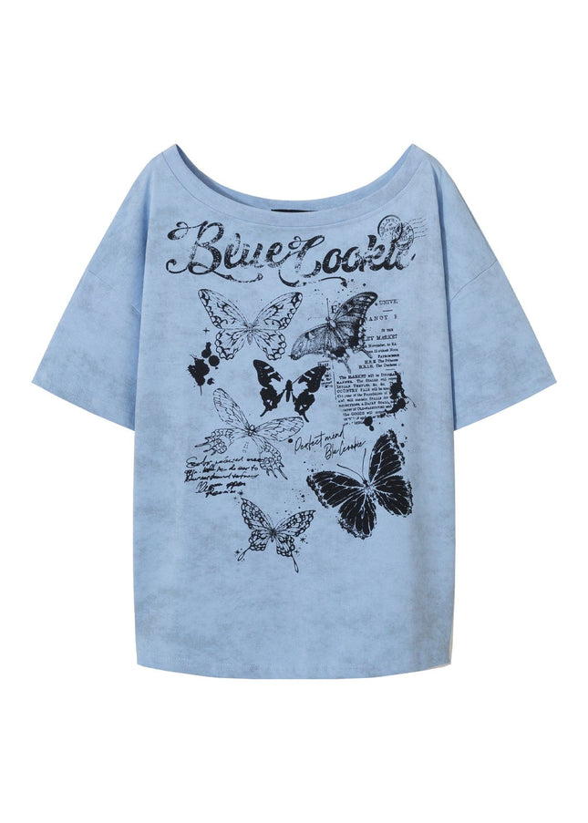 TALKLESSFASHION American Sweet Cool Butterfly Off-the-Shoulder Short Sleeve T-Shirt Women's 2025 Summer Lazy Style Hot Girl Loose Casual Slanted Shoulder Top