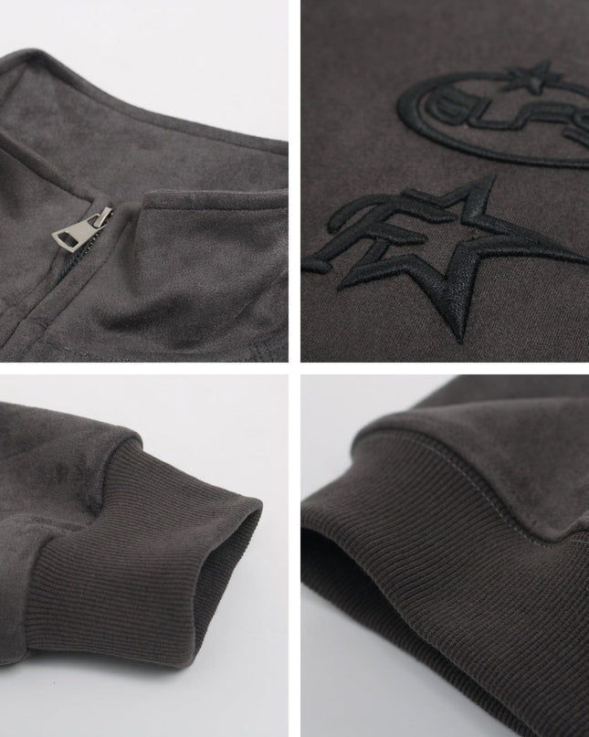 TALKLESSFASHION American trendy brand suede three-dimensional embroidery double-ended zipper jacket men's and women's autumn and winter trendy loose casual cropped jackets