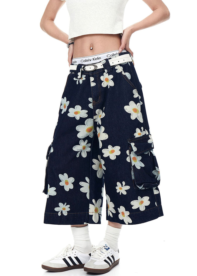 TALKLESSFASHION American vintage daisy print denim shorts men's and women's design workwear wide-leg cropped pants BLACKLISTS youthful vitality shorts Summer daily wear
