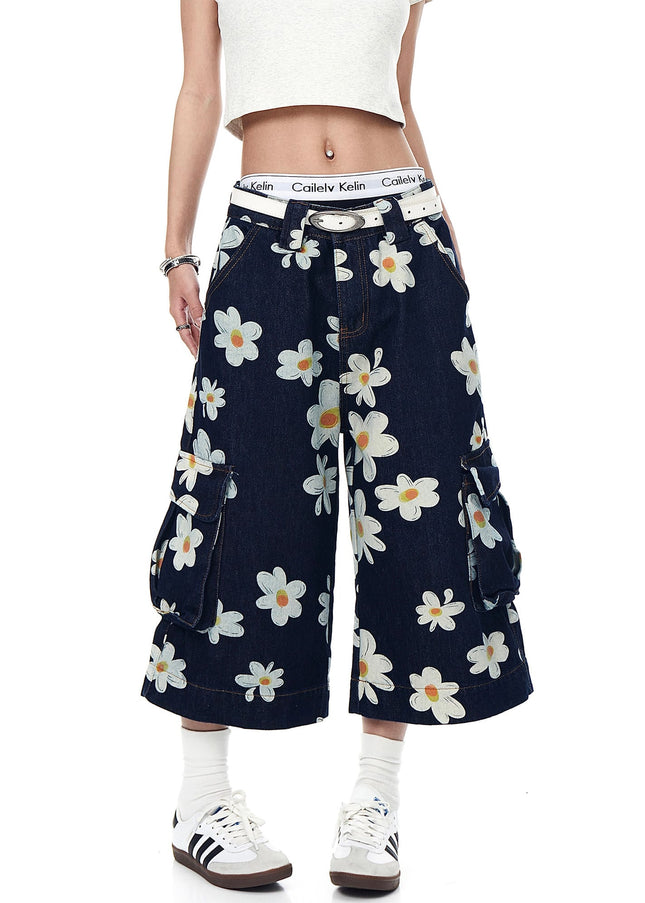 TALKLESSFASHION American vintage daisy print denim shorts men's and women's design workwear wide-leg cropped pants BLACKLISTS youthful vitality shorts Summer daily wear