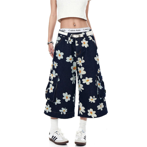THETLSTUDIO American vintage daisy print denim shorts men's and women's design workwear wide-leg cropped pants BLACKLISTS youthful vitality shorts Summer daily wear