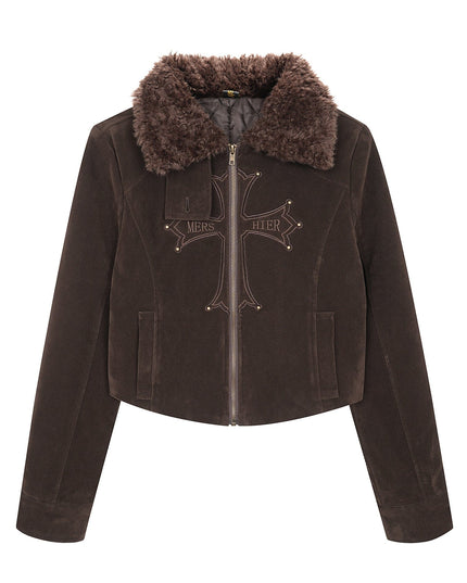 TALKLESSFASHION American vintage nail bead cross fur collar jacket jacket for women 2025 fall loose casual versatile top