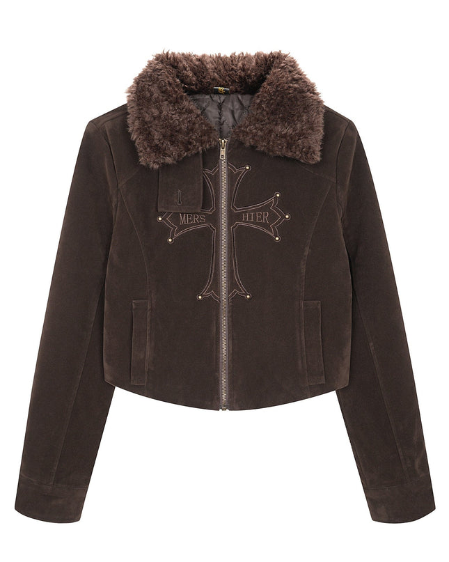 TALKLESSFASHION American vintage nail bead cross fur collar jacket jacket for women 2025 fall loose casual versatile top