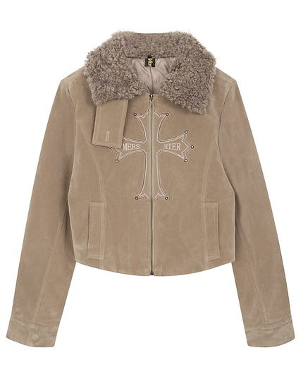 TALKLESSFASHION American vintage nail bead cross fur collar jacket jacket for women 2025 fall loose casual versatile top