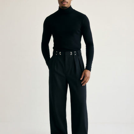 TALKLESSFASHION American vintage pleated design men's and women's spring and autumn vertical stripes wide leg loose straight casual trousers scimitar trousers