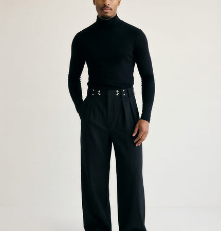 TALKLESSFASHION American vintage pleated design men's and women's spring and autumn vertical stripes wide leg loose straight casual trousers scimitar trousers