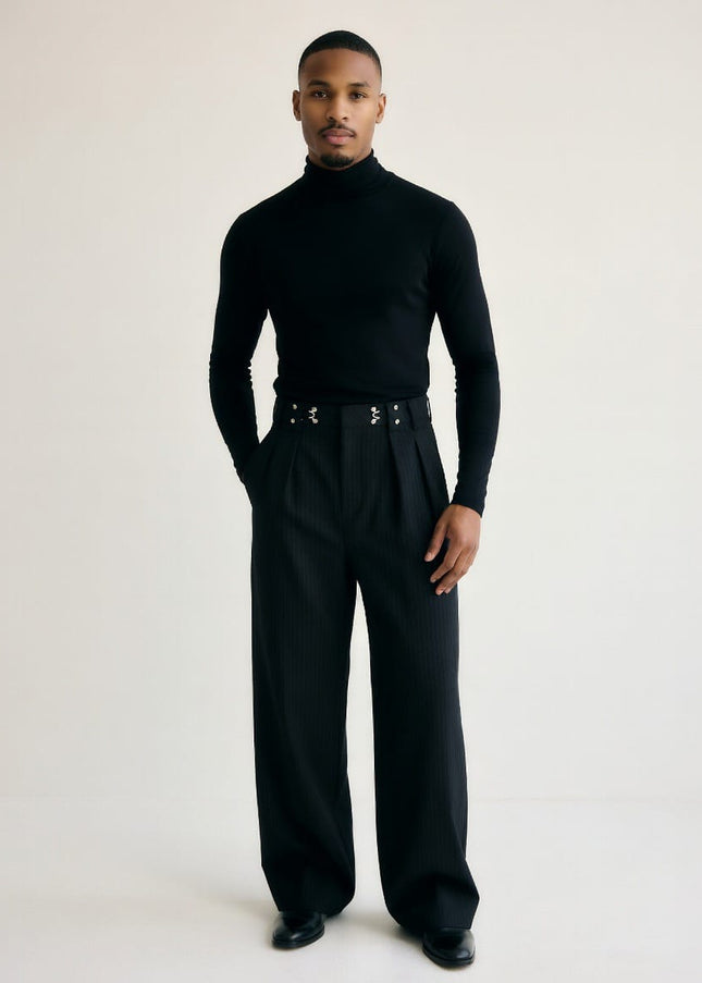 TALKLESSFASHION American vintage pleated design men's and women's spring and autumn vertical stripes wide leg loose straight casual trousers scimitar trousers