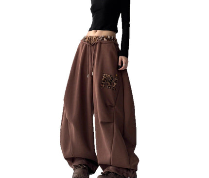 TALKLESSFASHION American vintage plush leopard print embroidered spliced wide-leg casual sweatpants Jazz dance sporty loose scimitar pants