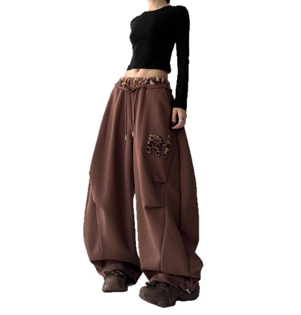 TALKLESSFASHION American vintage plush leopard print embroidered spliced wide-leg casual sweatpants Jazz dance sporty loose scimitar pants