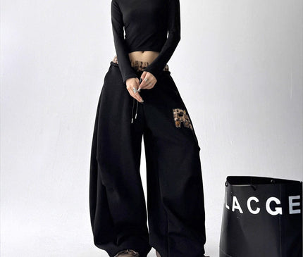 TALKLESSFASHION American vintage plush leopard print embroidered spliced wide-leg casual sweatpants Jazz dance sporty loose scimitar pants