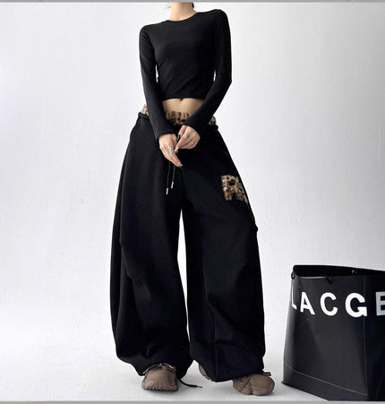 TALKLESSFASHION American vintage plush leopard print embroidered spliced wide-leg casual sweatpants Jazz dance sporty loose scimitar pants