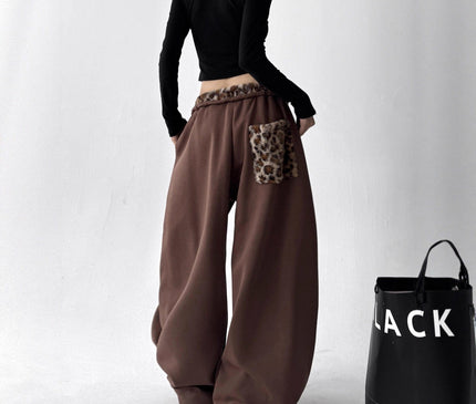 TALKLESSFASHION American vintage plush leopard print embroidered spliced wide-leg casual sweatpants Jazz dance sporty loose scimitar pants