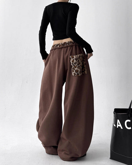 TALKLESSFASHION American vintage plush leopard print embroidered spliced wide-leg casual sweatpants Jazz dance sporty loose scimitar pants