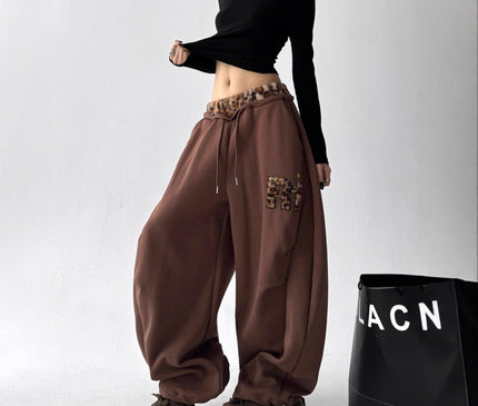 TALKLESSFASHION American vintage plush leopard print embroidered spliced wide-leg casual sweatpants Jazz dance sporty loose scimitar pants