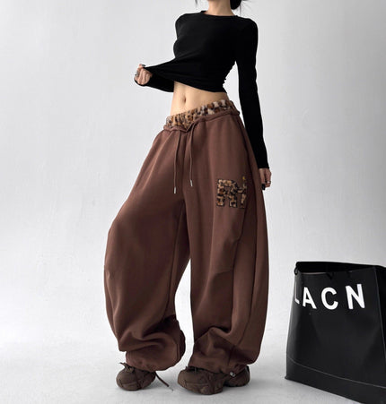 TALKLESSFASHION American vintage plush leopard print embroidered spliced wide-leg casual sweatpants Jazz dance sporty loose scimitar pants