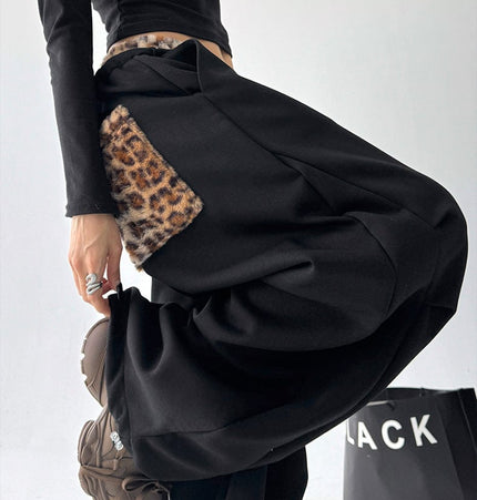 TALKLESSFASHION American vintage plush leopard print embroidered spliced wide-leg casual sweatpants Jazz dance sporty loose scimitar pants