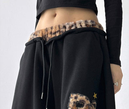 TALKLESSFASHION American vintage plush leopard print embroidered spliced wide-leg casual sweatpants Jazz dance sporty loose scimitar pants