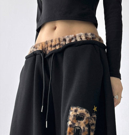 TALKLESSFASHION American vintage plush leopard print embroidered spliced wide-leg casual sweatpants Jazz dance sporty loose scimitar pants