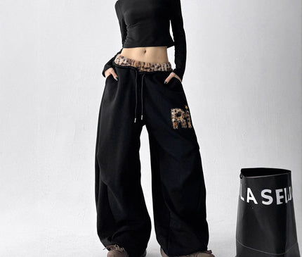 TALKLESSFASHION American vintage plush leopard print embroidered spliced wide-leg casual sweatpants Jazz dance sporty loose scimitar pants